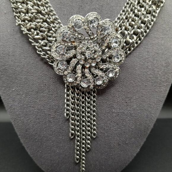Formal Rhinestone Floral Pendant Necklace, Layered Silver Tone Chain, 16 Inches - Picture 4 of 9